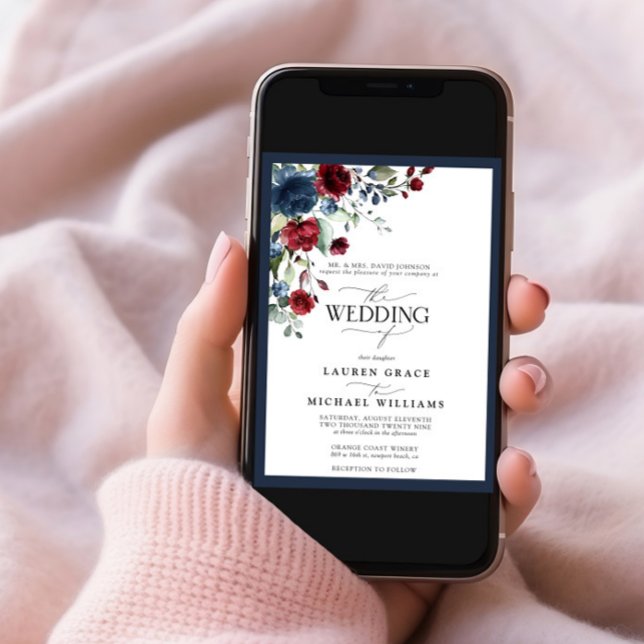 Invitation Navy Bleu Bourgogne Floral Aquarelle Script Invita (Créateur téléchargé)