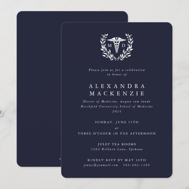 Invitation Navy bleu foncé Caducée de MD + Couronne de laurie (Devant / Derrière)