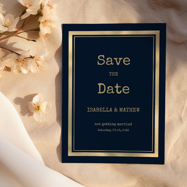 Invitation Navy bleu police de machine à écrire Save the Date (Navy blue gold typewriter font Save the Date)