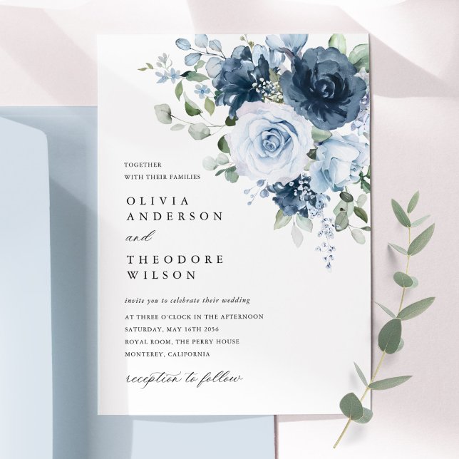 Invitation Navy Bleu Poussiéreux Aquarelle Floral Élégant Mar (Dusty blue navy watercolor floral bouquet wedding invitation card elegant romantic design)