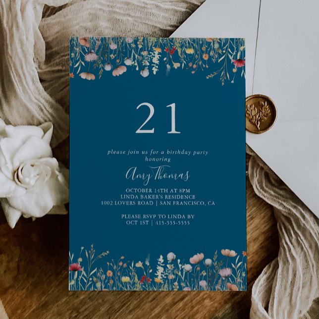 Invitation Navy Blissful Boho Wildflower 21st Birthday Party (Créateur téléchargé)