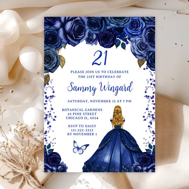 Invitation Navy Blonde Cheveux Princesse Anniversaire (Créateur téléchargé)
