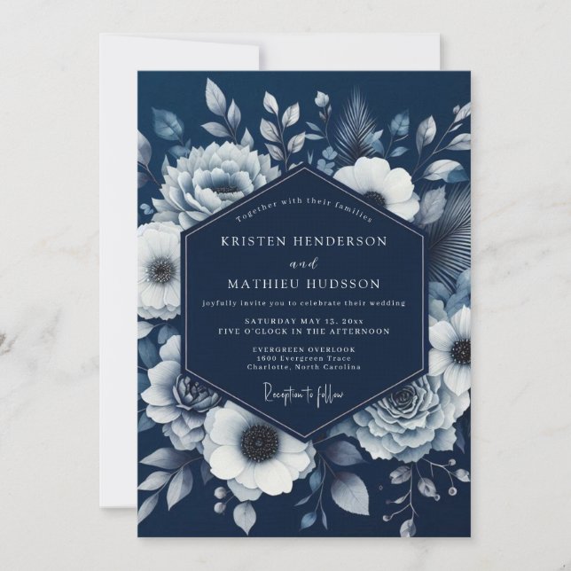 Invitation Navy Bloom Romance Wedding (Devant)
