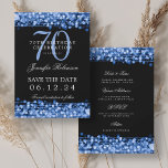 Invitation Navy Blue 70th Birthday Enregistrer la date avec l<br><div class="desc">Elégant design "70th Birthday Party" avec les lumières bleu marine et nom personnalisé et texte de détails. Facile à utiliser et facile à personnaliser. Commandez aujourd'hui !</div>