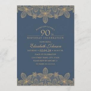 Invitation Navy Blue 90th Birthday Party Dentelle d'or unique