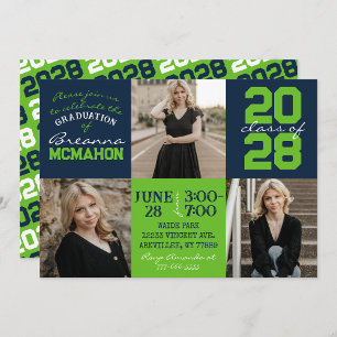 Invitation Navy Blue & Action Green 3 Photo Graduation