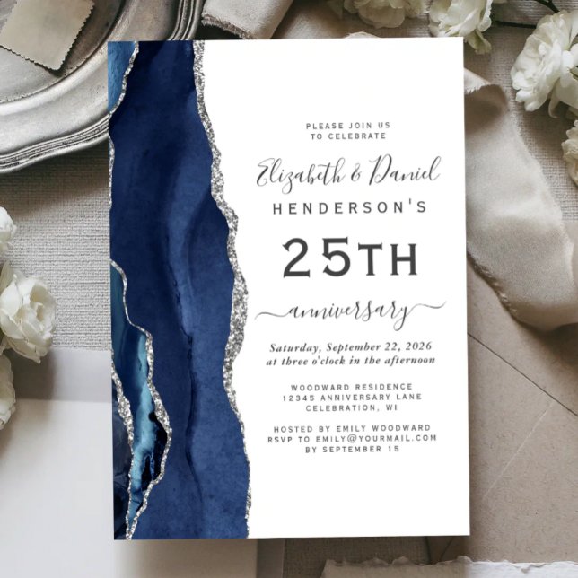 Invitation Navy Blue Agate Argent 25e Anniversaire (Créateur téléchargé)