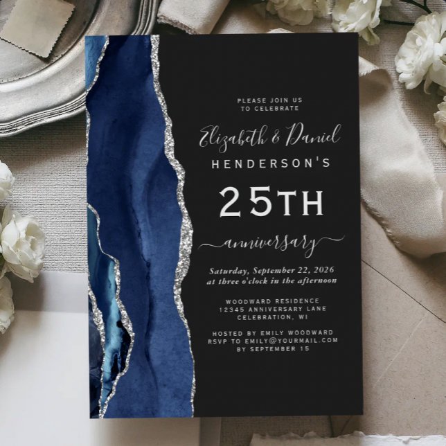 Invitation Navy Blue Agate Argent Foncé 25e Anniversaire (Créateur téléchargé)