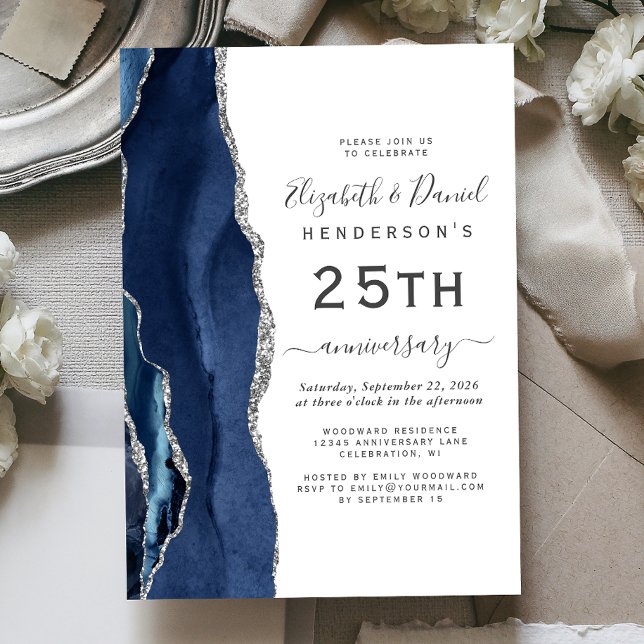 Invitation Navy Blue Agate Silver 25th Anniversary (Créateur téléchargé)