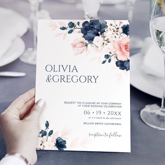 Invitation Navy Blue and Blush Pink Bouquet Wedding (Créateur téléchargé)