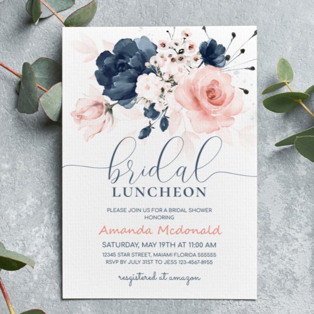 Invitation Navy Blue and Blush Pink Floral Bridal shower (Créateur téléchargé)