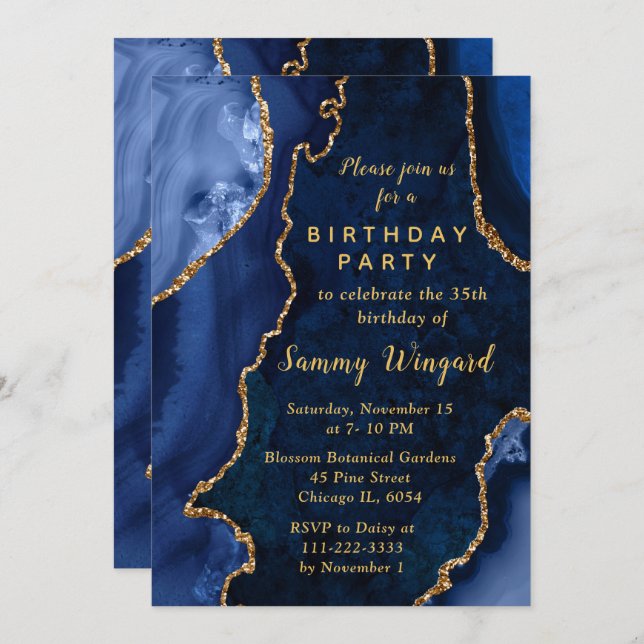 Invitation Navy Blue and Gold Agate Marble Birthday Party (Devant / Derrière)