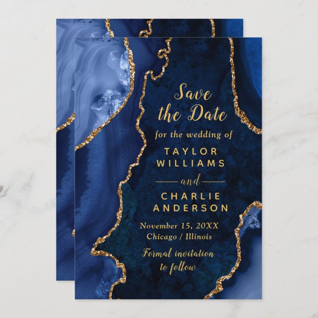 Invitation Navy Blue and Gold Agate Marble Save The Date (Devant / Derrière)