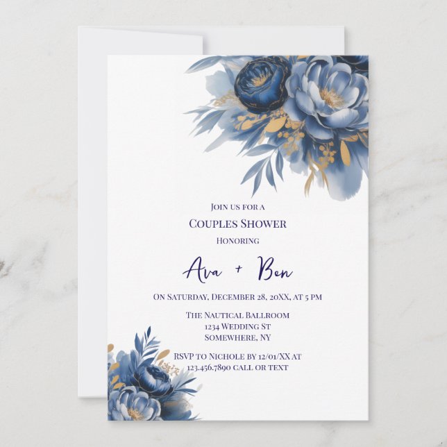 Invitation Navy Blue and Gold Peony Flower Couples Shower (Devant)