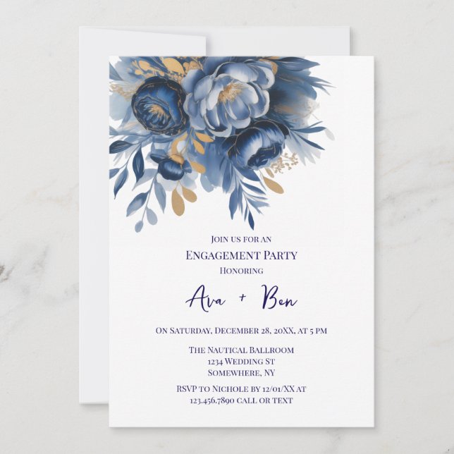 Invitation Navy Blue and Gold Peony Flower Engagement Party (Devant)