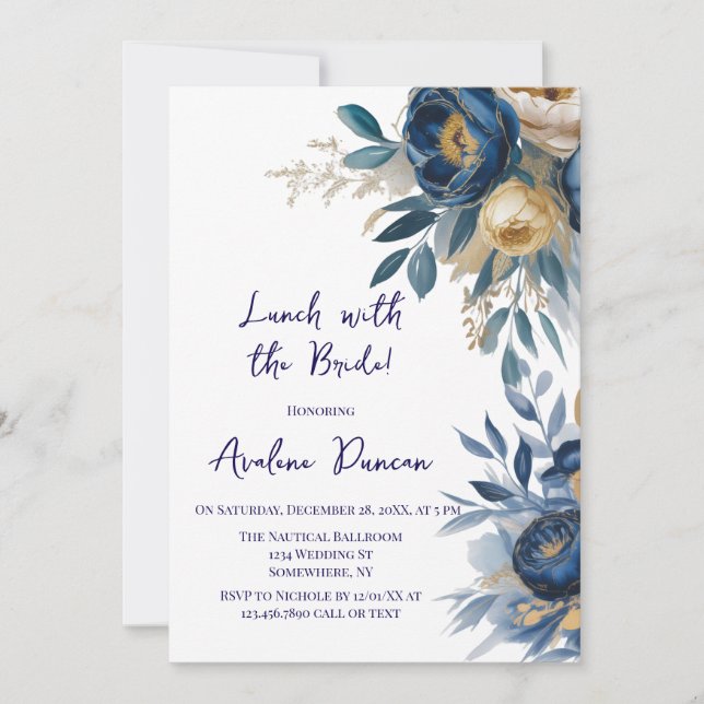 Invitation Navy Blue and Gold Peony Lunch With The Bride (Devant)