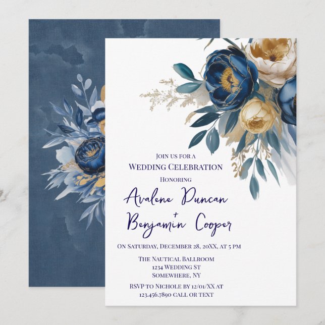 Invitation Navy Blue and Gold Peony Wedding Celebration  (Devant / Derrière)