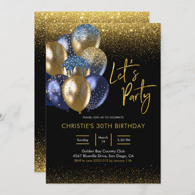 Invitation Navy Blue and Gold Sparkling Invitatio Party (Devant / Derrière)