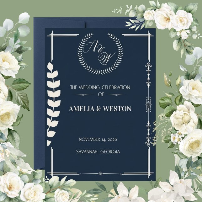 Invitation Navy Blue and Ivory Elegant Laurel Wreath Wedding  (Créateur téléchargé)