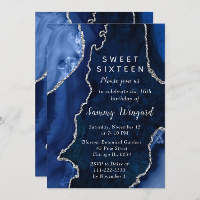Invitation Navy Blue and Silver Agate Marble Sweet Sixteen (Devant / Derrière)