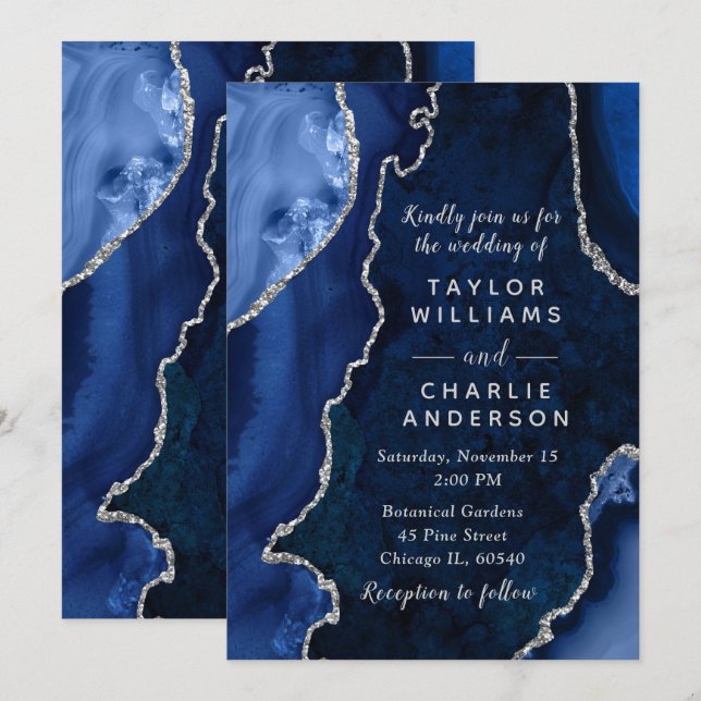 Invitation Navy Blue and Silver Agate Marble Wedding (Devant / Derrière)