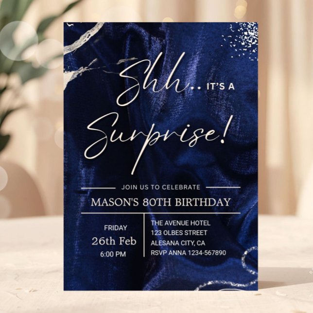 Invitation Navy Blue and Silver Surprise Party (surprise birthday invitation, 80th birthday invite, navy blue gold invitation, elegant birthday invi)