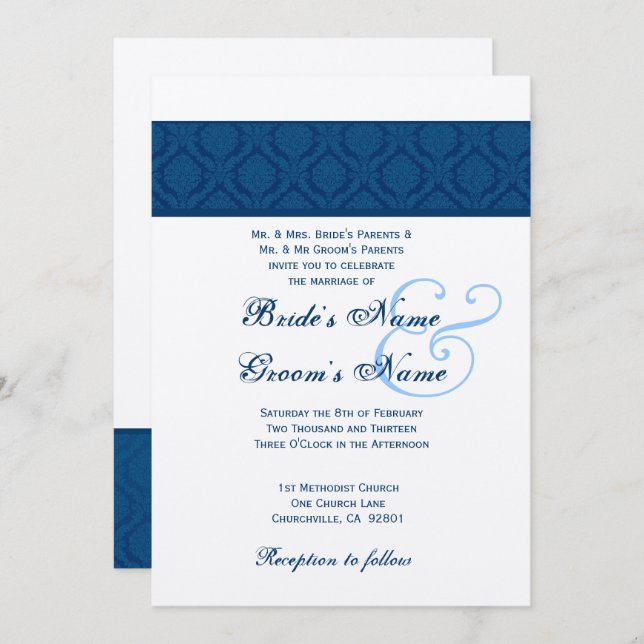 Invitation Navy Blue and White Diamond Mariage damassé (Devant / Derrière)