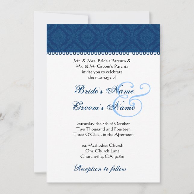Invitation Navy Blue and White Mariage damassé (Devant)