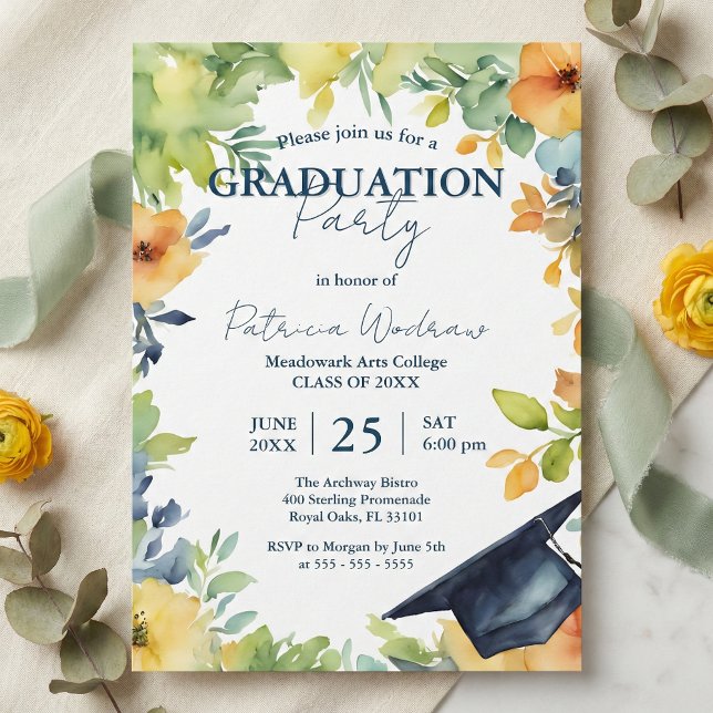 Invitation Navy Blue And Yellow Watercolor Floral Graduation  (Créateur téléchargé)