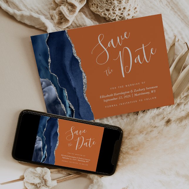 Invitation Navy Blue Argent Agate Orange Brûlé Save the Date (Créateur téléchargé)