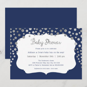 Invitation Navy Blue argent dots garçon bébé douche invitatio
