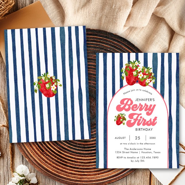 Invitation Navy Blue Blanc Rayures Fête Strawberry 1er Annive (Créateur téléchargé)