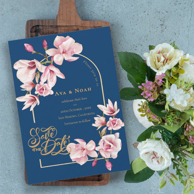 Invitation Navy Blue Blush Pink Magnolia Floral Save the Date (Navy Blue Blush Pink Magnolia Floral Save the Date Invitation)