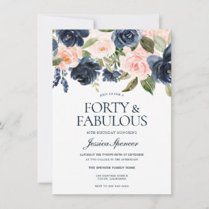 Invitation Navy Blue Blush rose Floral 40e fête d'anniversair