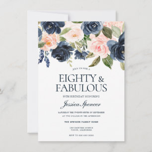 Invitation Navy Blue Blush rose Floral 80e fête d'anniversair
