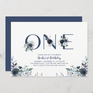 Invitation Navy Blue Boho Chic Floral Boy 1er anniversaire