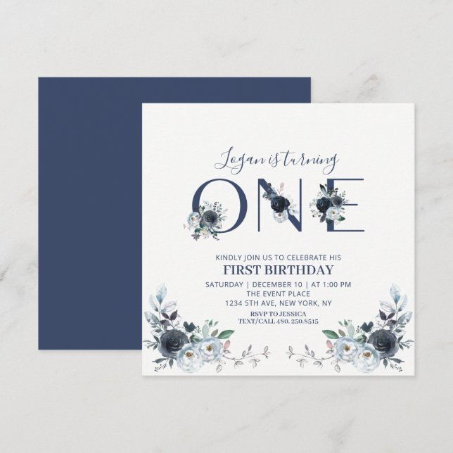 Invitation Navy Blue Boho Floral Boy 1er anniversaire Carré (Devant / Derrière)