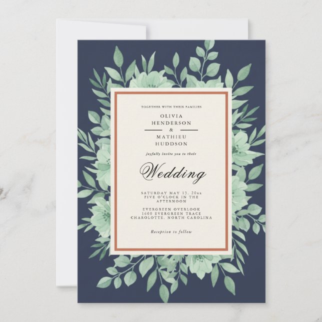 Invitation Navy Blue Botanical Spring Wedding (Devant)
