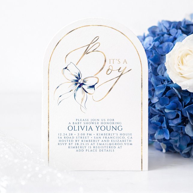 Invitation Navy Blue Bow Elegant Modern Baby Shower Boy (Navy Blue Bow Baby Shower Arch Invitation)