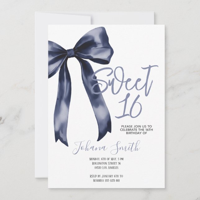 Invitation Navy Blue Bow Sweet Sixteen Girl Birthday Party (Devant)