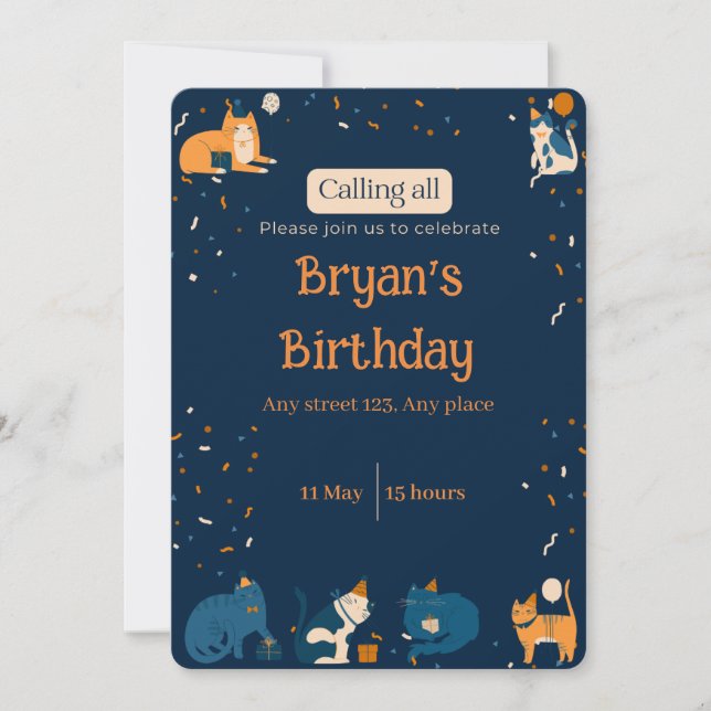 Invitation Navy Blue Boy Cat Invite (Devant)