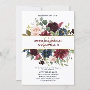 Invitation Navy Blue & Burgundy Boho Floral Wedding Invitatio