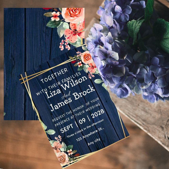 Invitation Navy Blue Burgundy Gold Blush wood Wedding  (Créateur téléchargé)