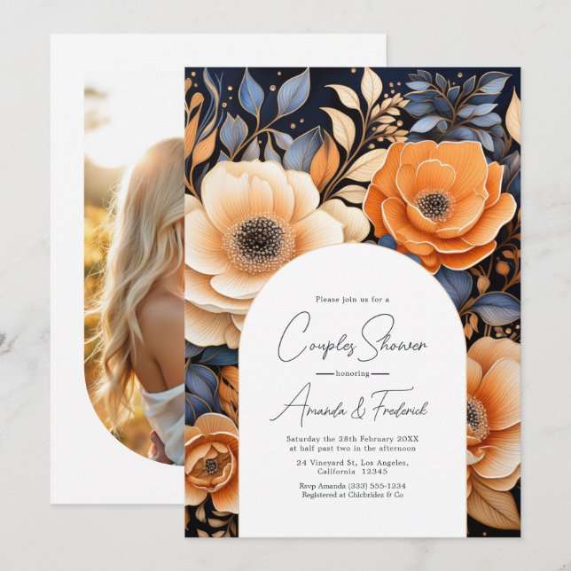 Invitation Navy Blue, Burnt Orange & Champagne Couples Shower (Devant / Derrière)