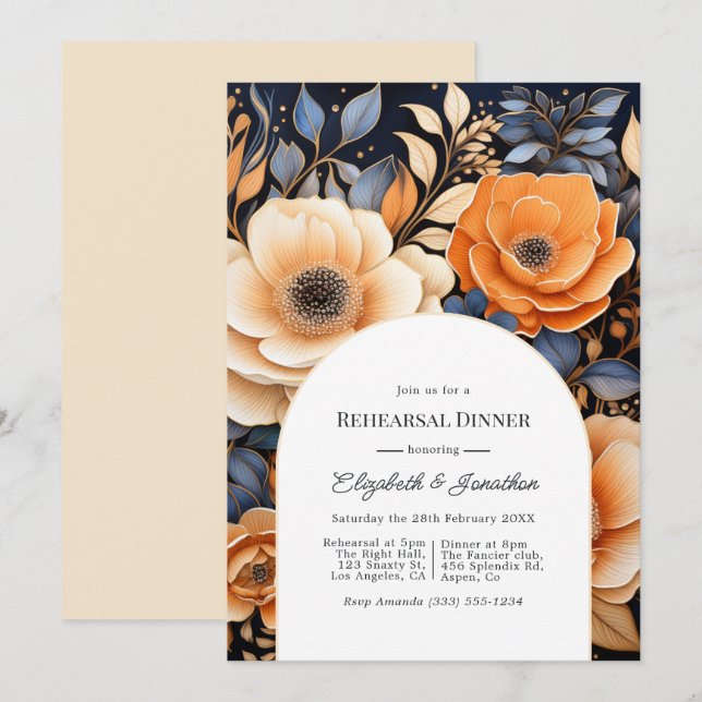 Invitation Navy Blue Burnt Orange Champagne Rehearsal Dinner (Devant / Derrière)