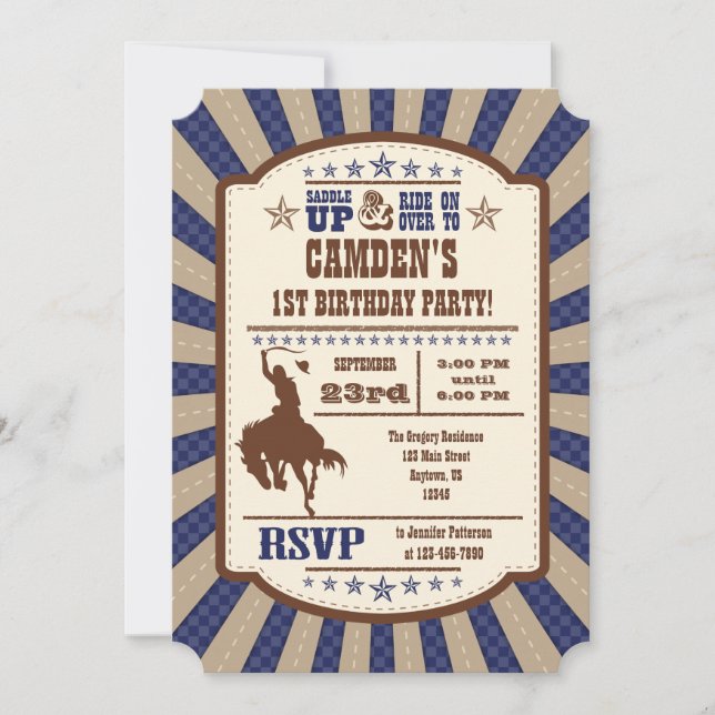 Invitation Navy Blue Cowboy Rodéo Anniversaire Fête Invitatio (Devant)