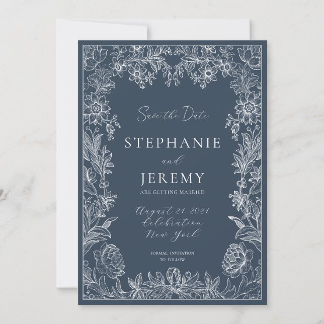 Invitation Navy Blue Elegant Botanical Enregistrer la date (Devant)