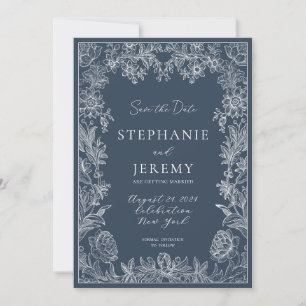 Invitation Navy Blue Elegant Botanical Enregistrer la date