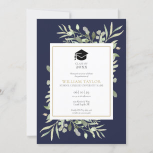 Invitation Navy Blue Elegant Green Photo Graduation Party