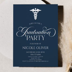 Invitation Navy Blue Elegant Médicale Caduceus Graduée